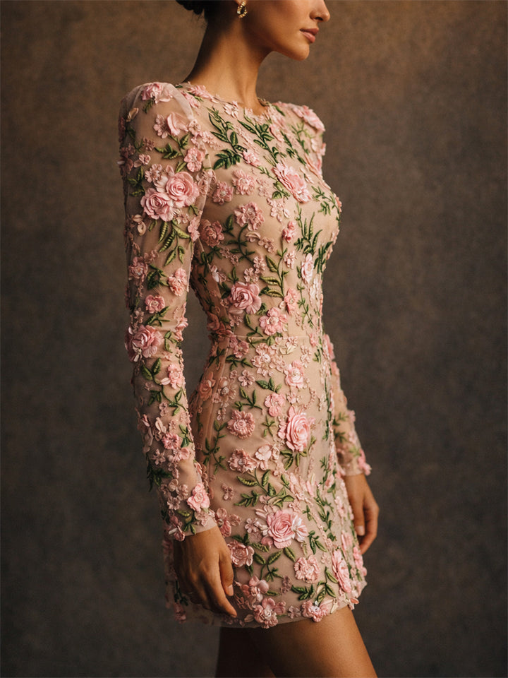 Women 3D Floral Embroidered Long Sleeve Mesh Mini Dress