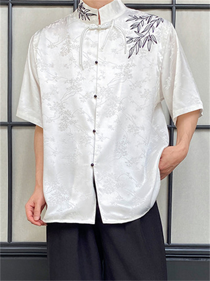 Chinese Style Summer Jacquard Stand Collar Shirt for Men
