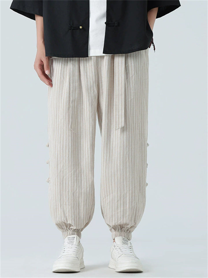 ‌Men's Summer Casual Loose Fit Cotton Linen Jogger Pants with Frog Button Details