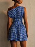 Women Blue Gingham One Shoulder Mini High Waist Summer Dress