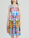 Women's Summer Holiday Style Print Strappy Midi Dress