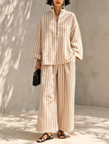 Women Simple Striped Long Sleeve Quarter Zip Top and Wide Leg Pants Set