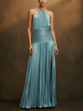 Women Metallic Pleated Halter Backless Slit Maxi Dress