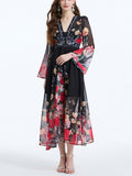 Women's Holiday Style V Neck Flare Sleeve Maxi Dress
