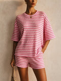 Women Striped Ribbed 2 Piece Pajama Shorts Lounge Set
