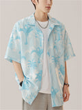 Men's Holiday Style Blue Coconut Tree Print Lapel Beach Shirt