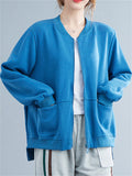 Retro Long Sleeve Zip Pockets Solid Color Jacket for Women