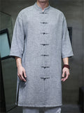 Men's Retro Solid Color Button Up 3/4 Sleeve TangSuit Long Shirt