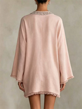 Womens Boho Holiday Style Pink V Neck Fringe Trim Tunic Mini Dress