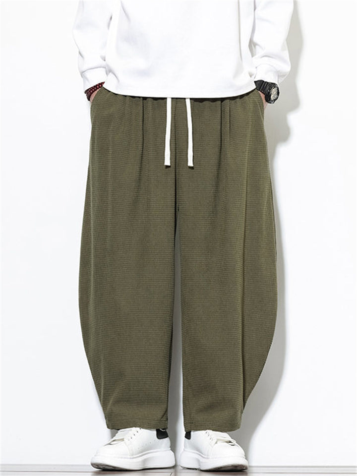 Men's Casual Simple Waffle Solid Color Drawstring Wide Leg Cropped Pants
