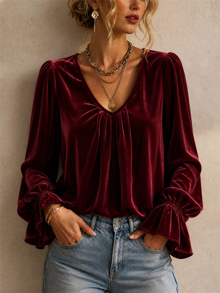 Womens Elegant Velvet V Neck Ruffle Flare Sleeve Blouse
