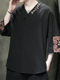 Men's Chinese Style Embroidered 3/4 Sleeve Hanfu TangSuit Shirt