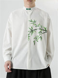 Men Chinese Style Long Sleeve Loose Fit Shirt with Bamboo Leaf Print