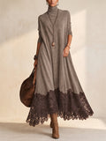 Women Faux Suede Turtleneck Lace Trim Long Sleeve Maxi Dress