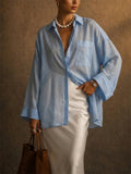 Womens Blue Linen Button Down Oversized Casual Shirt