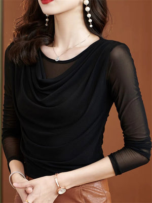 Women's Solid Color Mesh Patchwork O-Neck Long-sleeve Undershirt