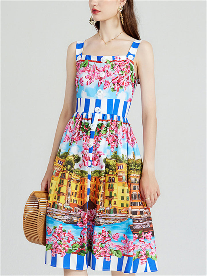 Women's Summer Holiday Style Print Strappy Midi Dress