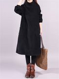 Female Leisure Turtleneck Plush Lining Corduroy Midi Dress
