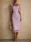 Women Elegant Crochet Square Neck Puff Sleeve Midi Dress