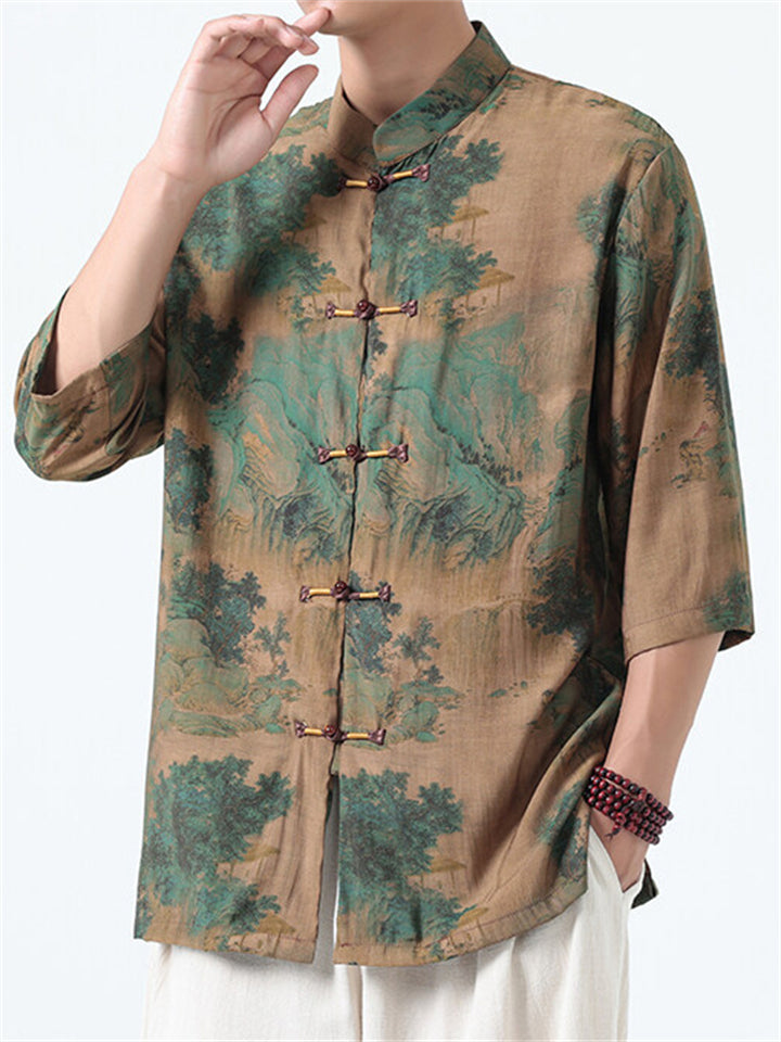 Men's Casual Chinese Style Print Half Sleeve TangSuit Shirt