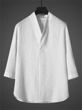 Men's 2Pcs Cool Zen Style Stand Collar Half Sleeve Solid Color Outfits