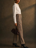 Womens High Waisted Pleated Straight Leg Plaid Work Pants