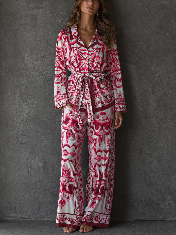 Women's Elegant Majolica Print Satin 2 Piece Wide Leg Resort Suit