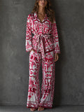 Women's Elegant Majolica Print Satin 2 Piece Wide Leg Resort Suit