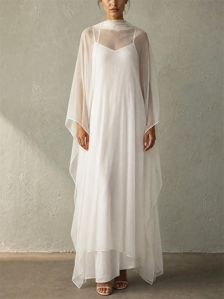 Womens White Sheer Cape Overlay Two Piece Maxi Dress Set