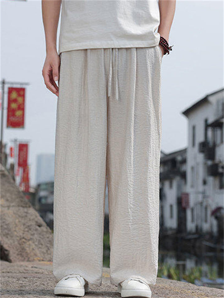 Men's Summer Texture Breathable Linen Blend Wide Leg Drawstring Pants