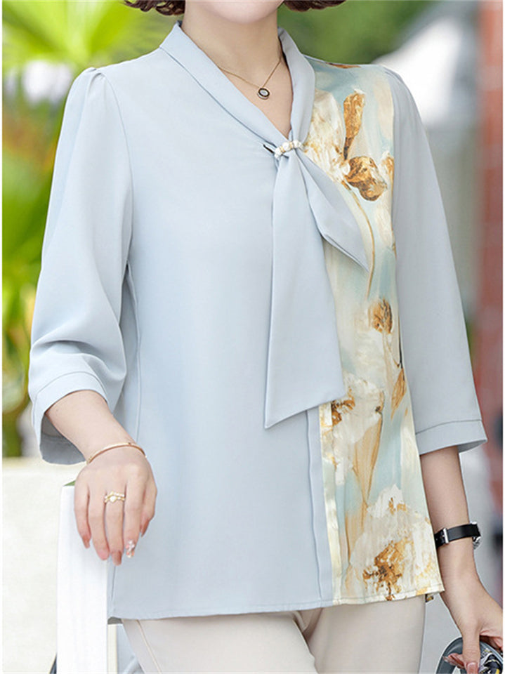 Elegant Flower Print Tie-Neck 3/4 Sleeve Top for Women