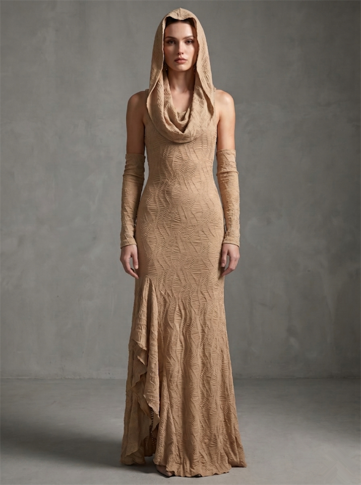 Women's Chic Hooded Crinkle Arm Warmers Desert Festival Maxi Dress
