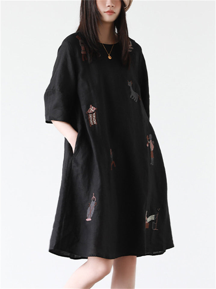Women's Summer Simple Embroidery Round Neck Dress