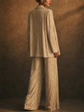 Women's Gold Sequin Single Breasted 2 Piece Blazer Wide Leg Party Suit