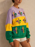 Women Mardi Gras Sweatshirt Sequin Fleur De Lis Letters Color Block Top