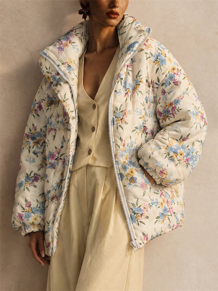 Women Stylish Floral Print Zip Up Stand Collar Quilted Puffer Coat