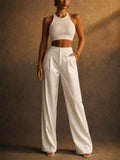 Women High Waist Lace Trim Satin Wide Leg Palazzo Pants