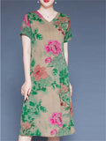 Summer Casual V-neck Floral Print Short Sleeve Dress for Women