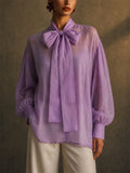 Women Elegant Sheer Bow Tie Lantern Sleeve Blouse
