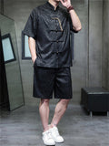 Men's 2Pcs Summer Jacquard Stand Collar Short Sleeve Solid Color Outfits