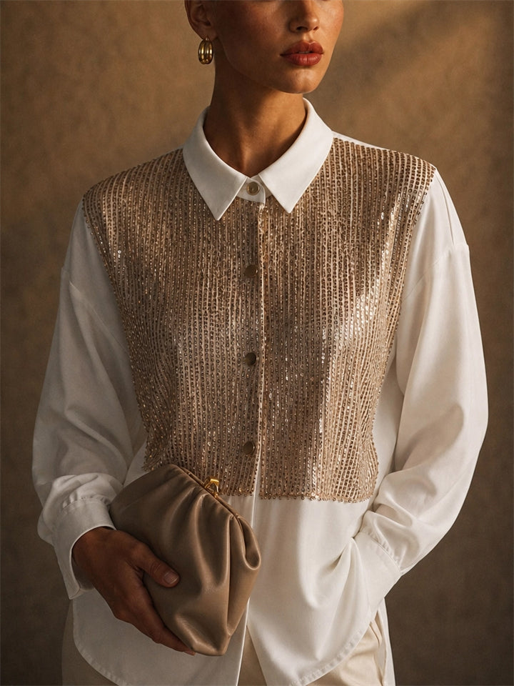 Womens White Sequin Button Down Long Sleeve Party Blouse