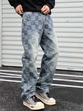 Men's Washed Streetwear Plaid Cotton Mid-waist Regular Fit Jeans
