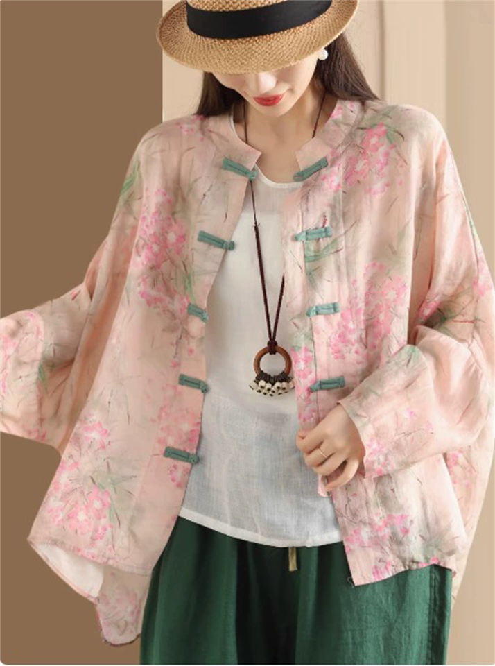 Women's Chinese Style Retro Printed Frog Button Cardigan Shirt