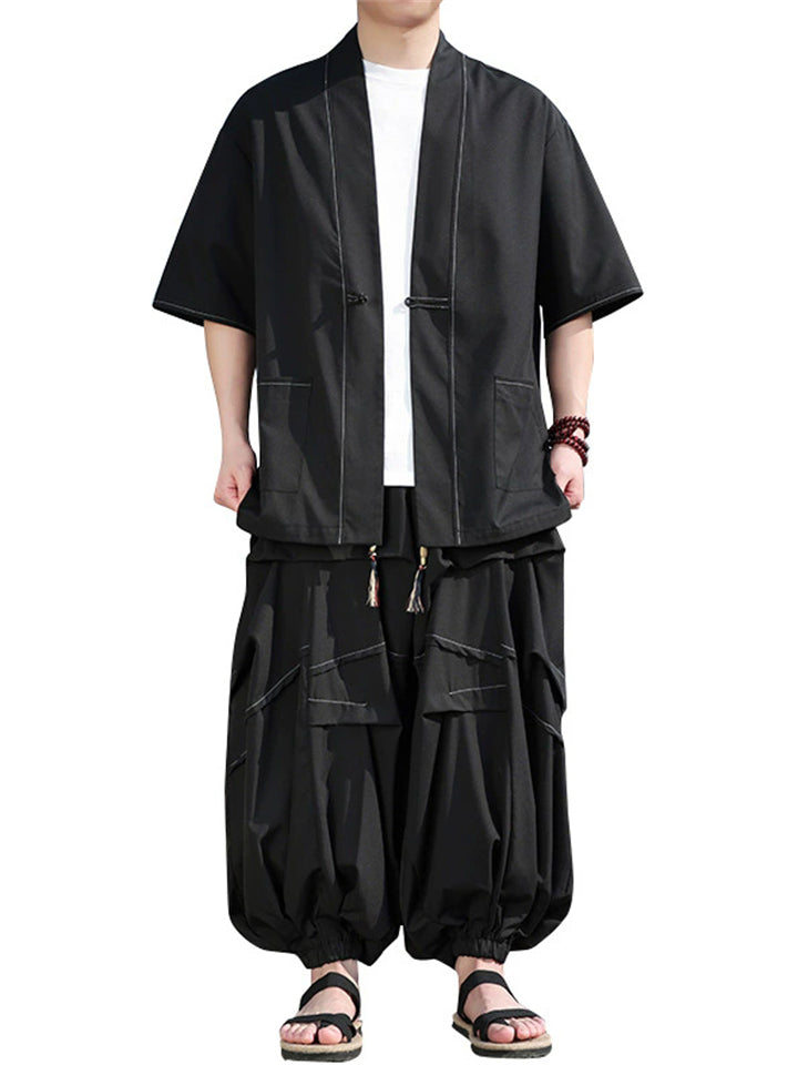 Oriental Style Cardigan Top and Wide Leg Pleated Pants Set for Men