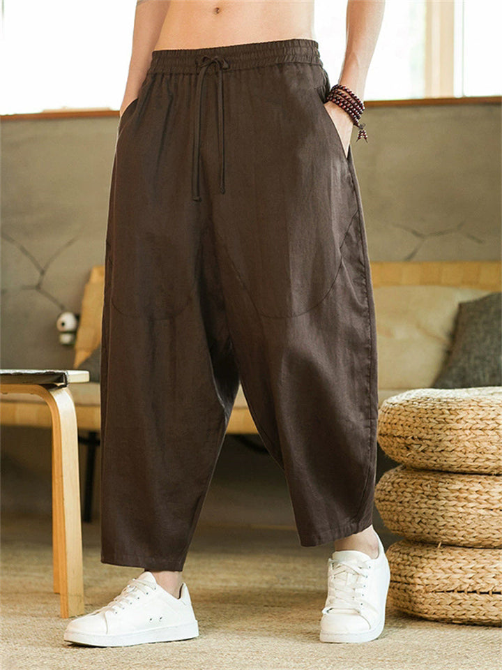 Men's Summer Vintage Casual Linen Drawstring Wide Leg Cropped Pants