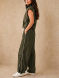 Women Olive Half Zip Sleeveless Top and Wide Leg Cargo Pants Set
