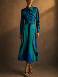 Women Teal Abstract Geometric Print Long Sleeve Shirt and Wide Leg Pants Set
