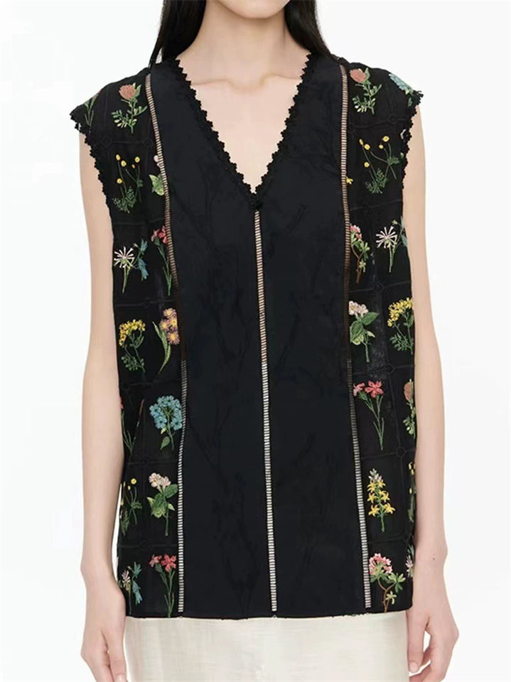 Female's Black Plants Embroidered Jacquard Sleeveless Vest