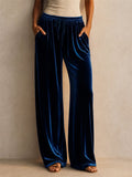 Women Velvet Wide Leg Pants Drawstring High Waist Casual Trousers