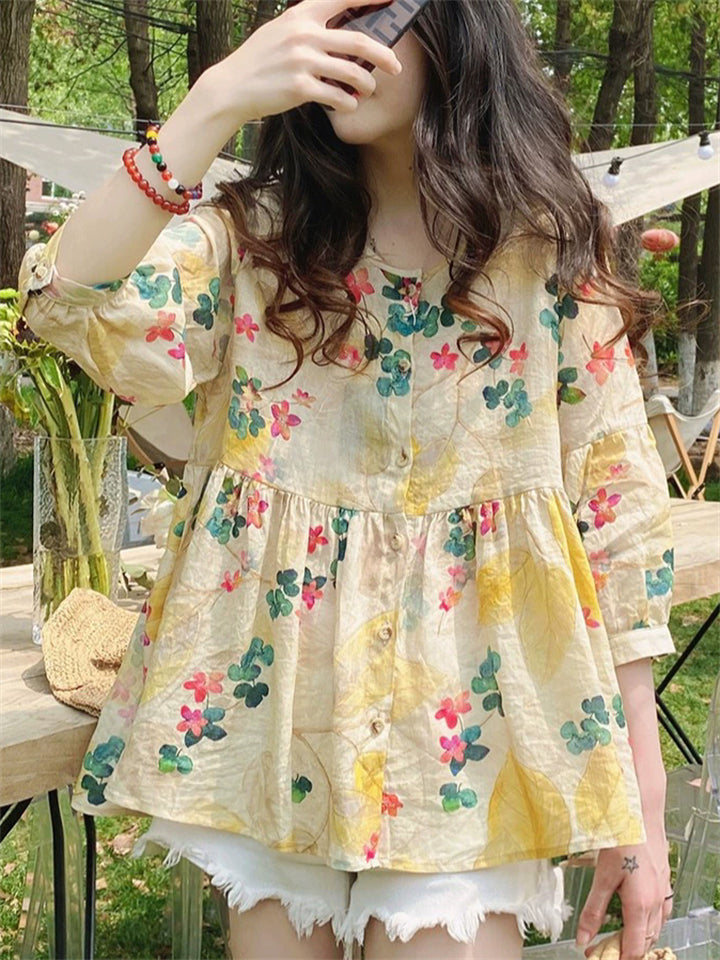 Women's Sweet Style Yellow Floral Printed Fluffy Half Sleeve Shirts